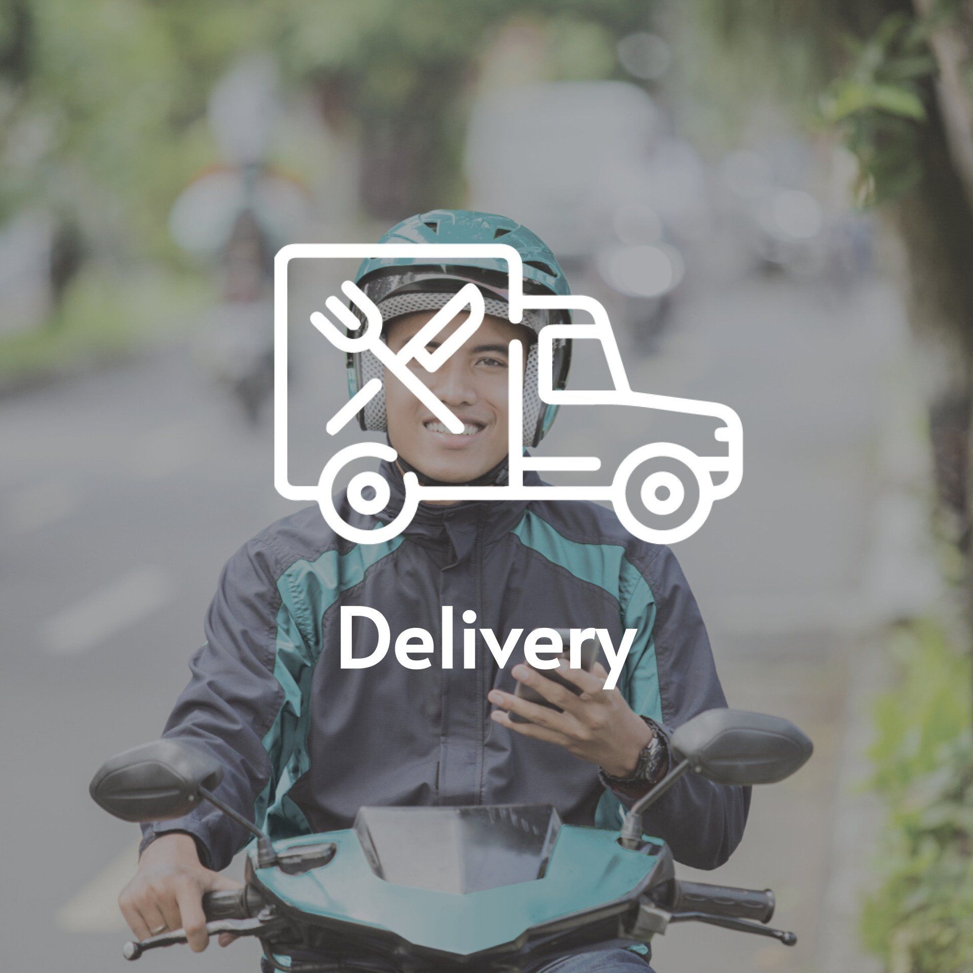 A smiling delivery person on a motorcycle looking at a phone, with a white food delivery icon overlaying the center.