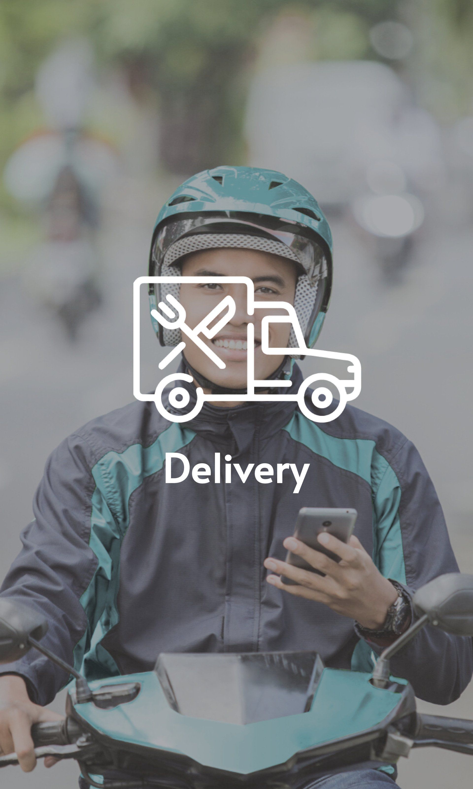 A food delivery worker in a helmet and jacket on a motorbike looks at a phone, overlaid with a white delivery icon.