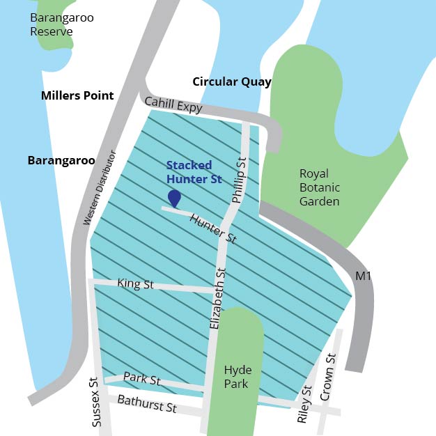 A map showing a teal-shaded area in central Sydney, with a marker pointing to Stacked Hunter St near major landmarks.