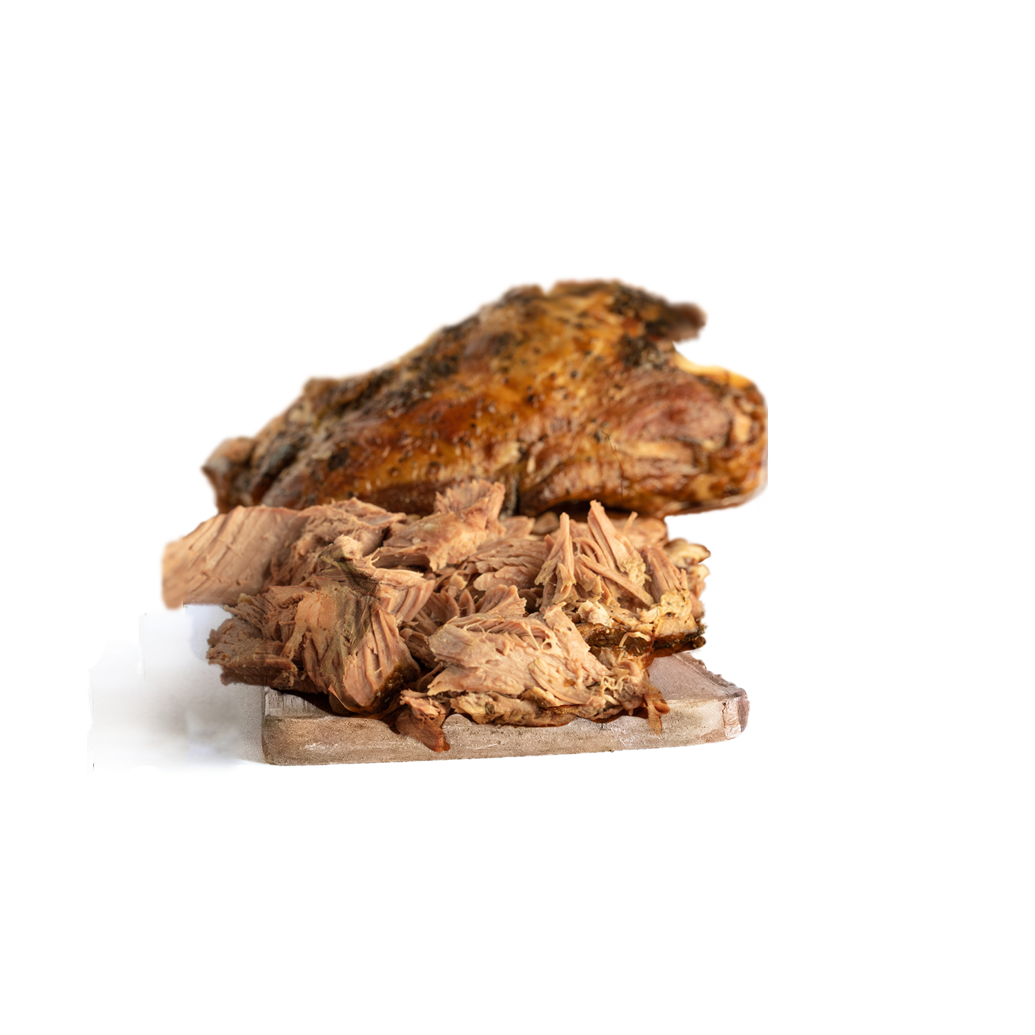 A pile of shredded, cooked brown meat sits atop a small wooden cutting board.