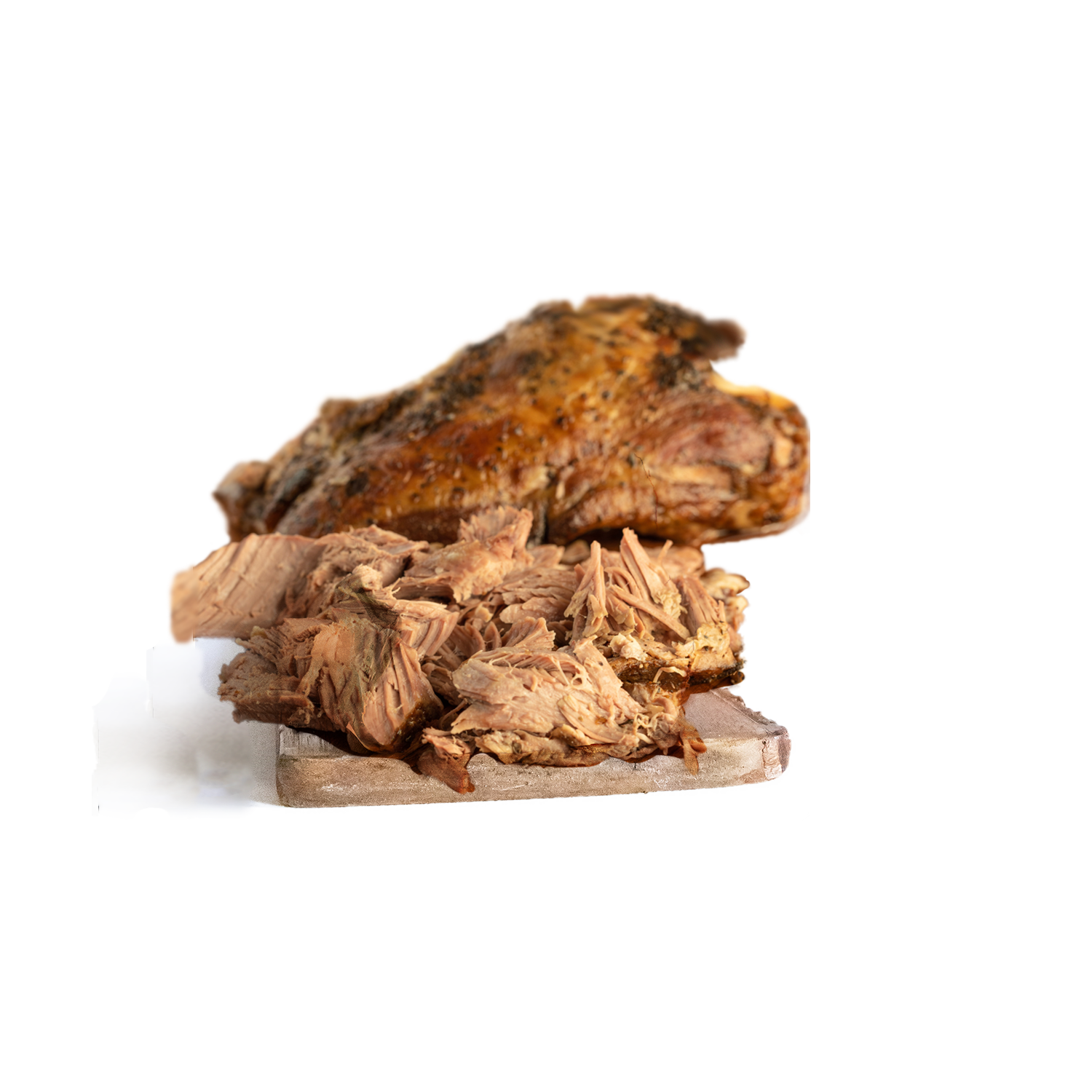 A cooked, golden-brown piece of poultry resting above a pile of shredded brown meat on a white background.