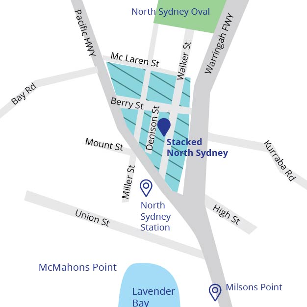 A map of North Sydney showing the location of Stacked North Sydney between Berry and Denison Streets near the station.