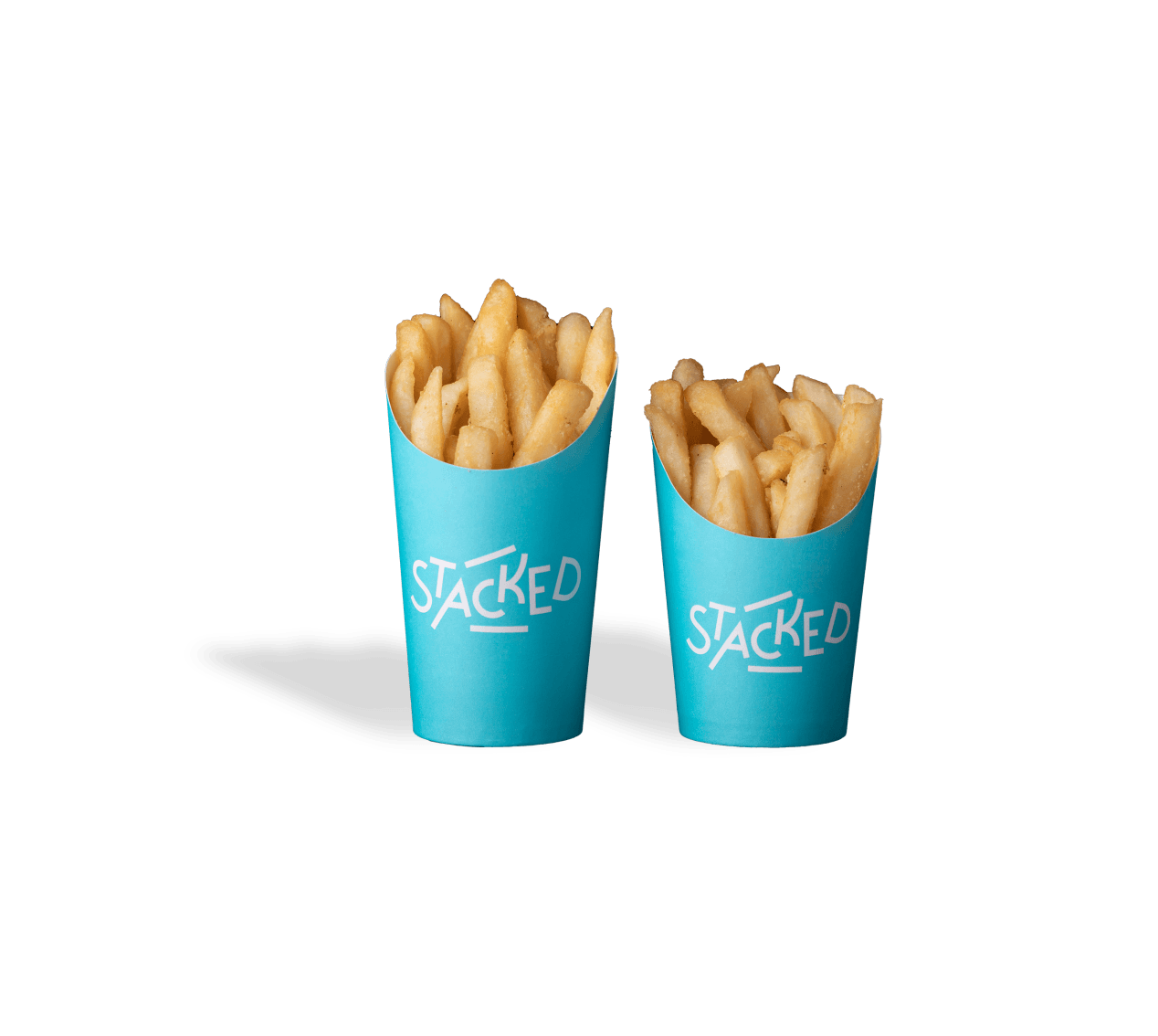 Two cups of golden-brown french fries with the word 