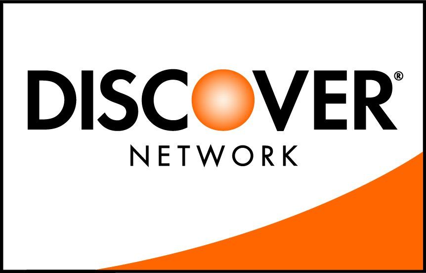 Discover Network logo with black text and an orange circle on a white background with an orange corner accent.