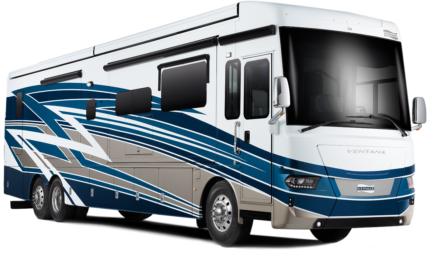 A white rv with a blue stripe on the side is on a white background.