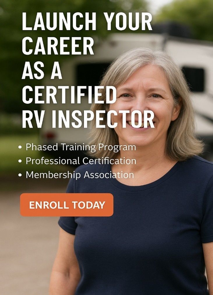 Woman smiling, RV inspector advertisement. Orange 