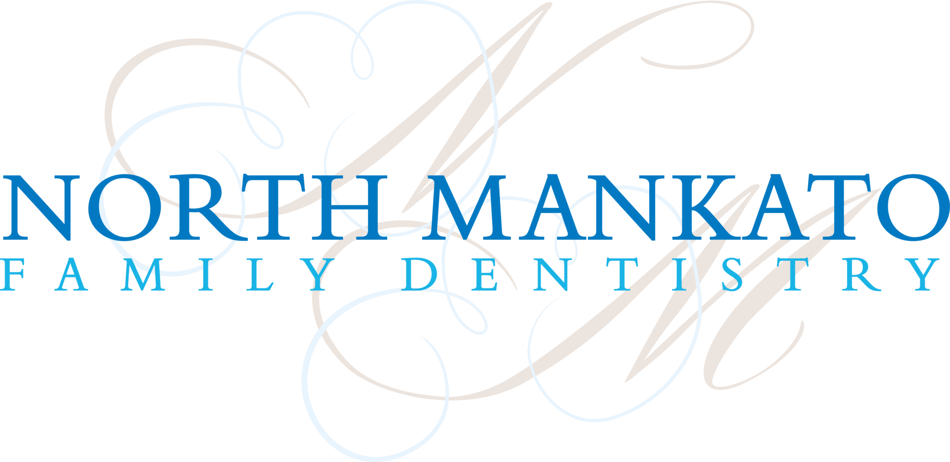 Logo for North Mankato Family Dentistry. Blue text on white background with light cursive accents.
