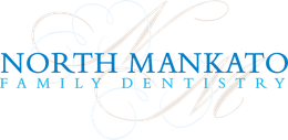 Logo for North Mankato Family Dentistry. Blue text on white background with light cursive accents.