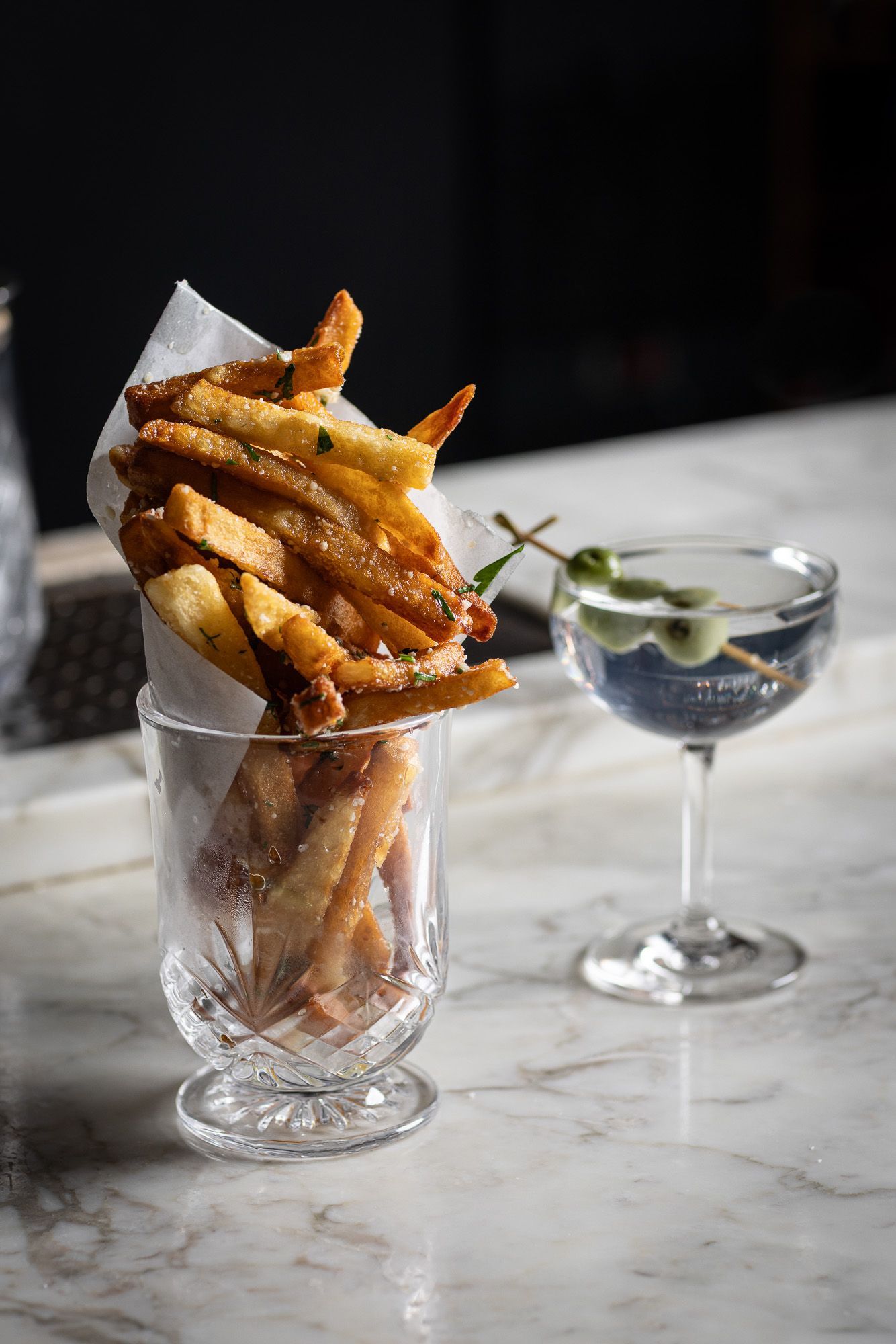 Truffle fries and martini Da Claudio NYC FiDi 