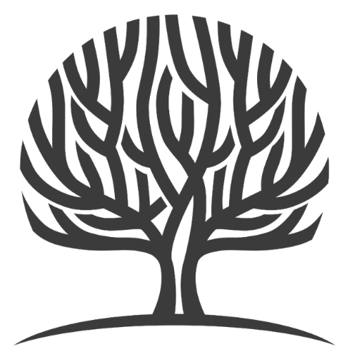 Stylized black tree silhouette with branching canopy and curved trunk on a white background