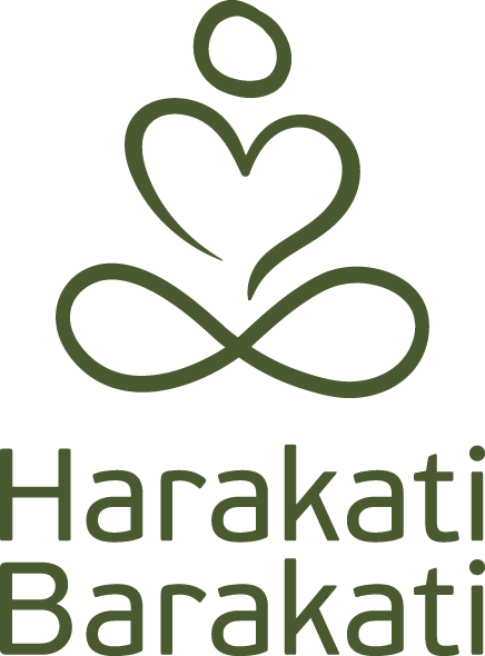 Green logo: stylized person in lotus position with a heart-shaped chest. Text: Harakati Barakati.