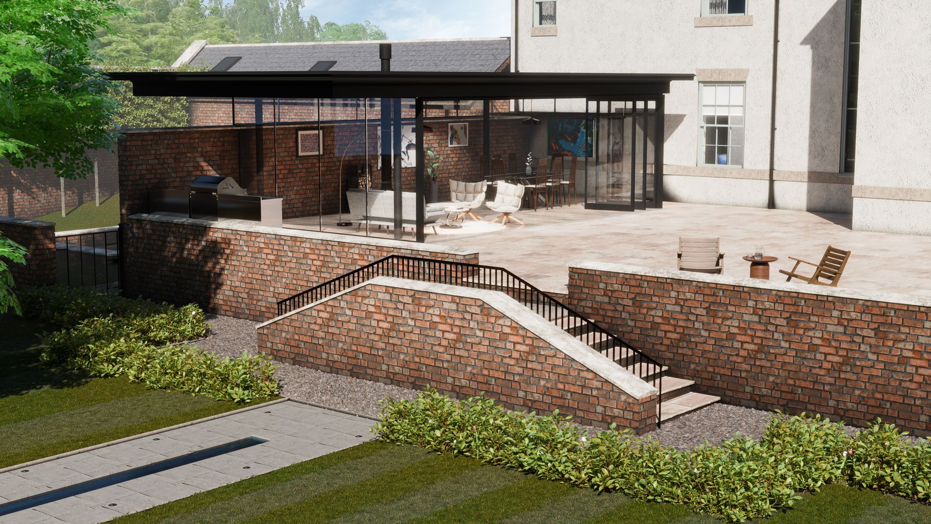 An artist 's impression of a house with a patio and stairs