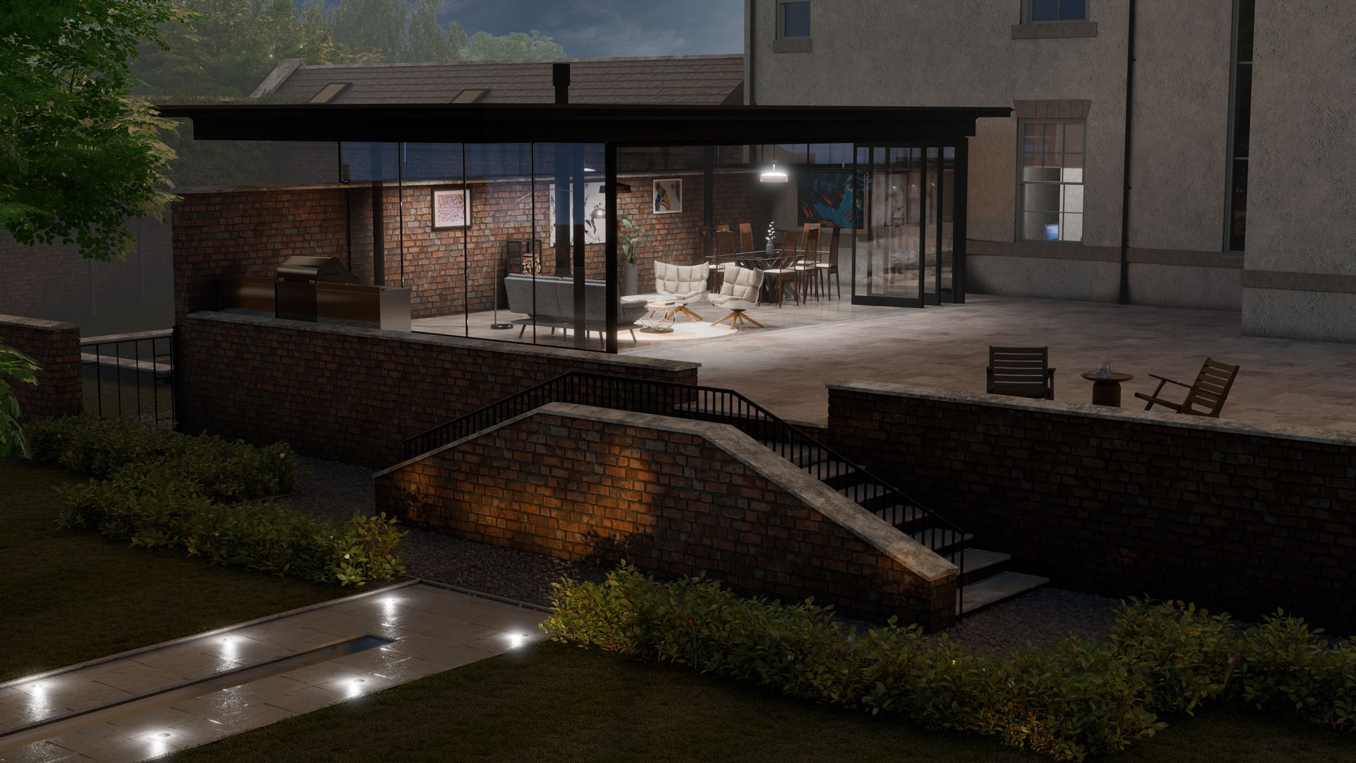 An artist 's impression of a house with a patio at night.