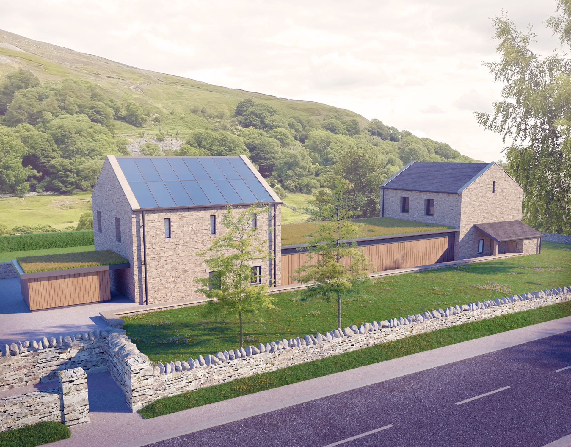 An artist 's impression of a house with solar panels on the roof