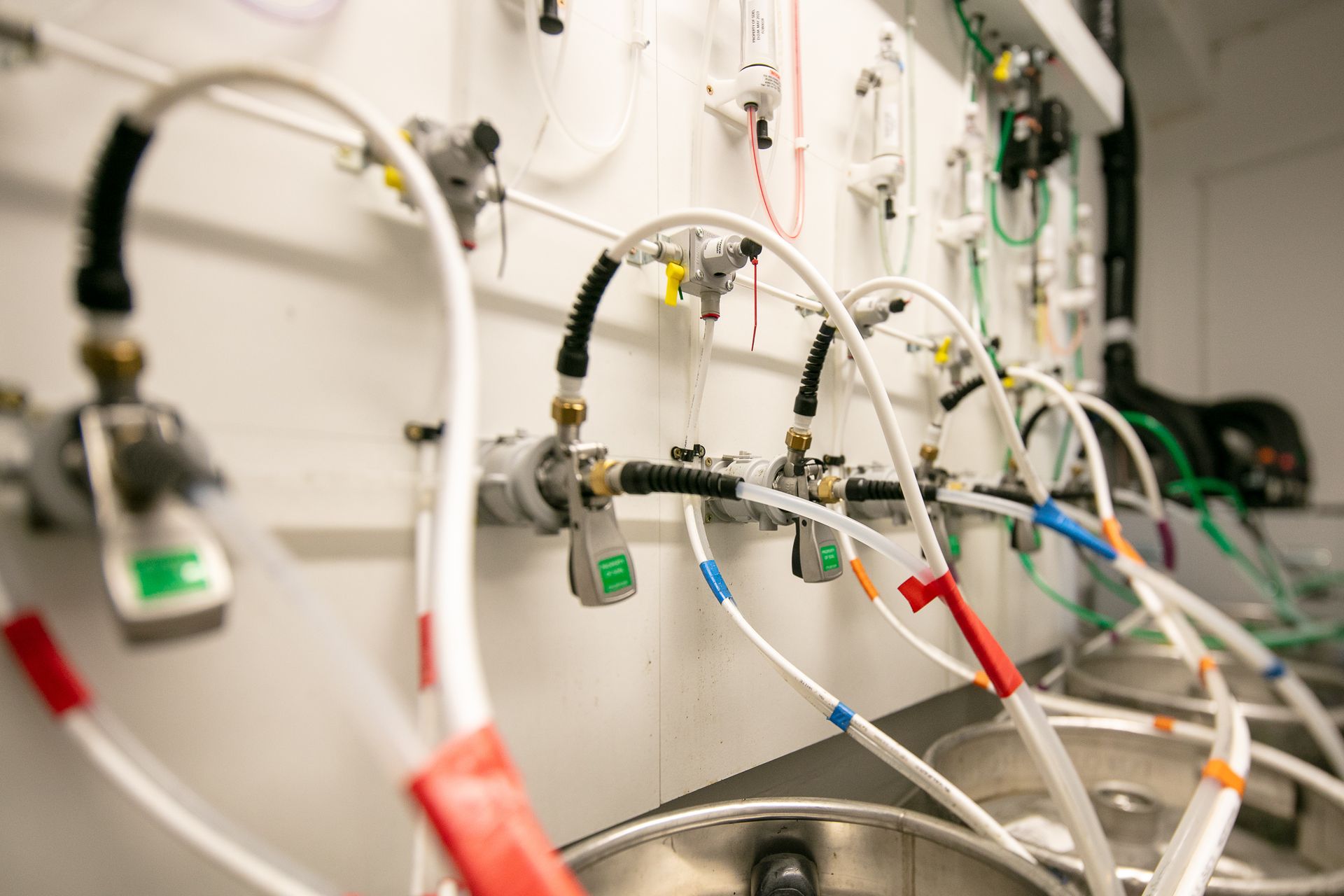 A row of hose connected to a wall in a lab.