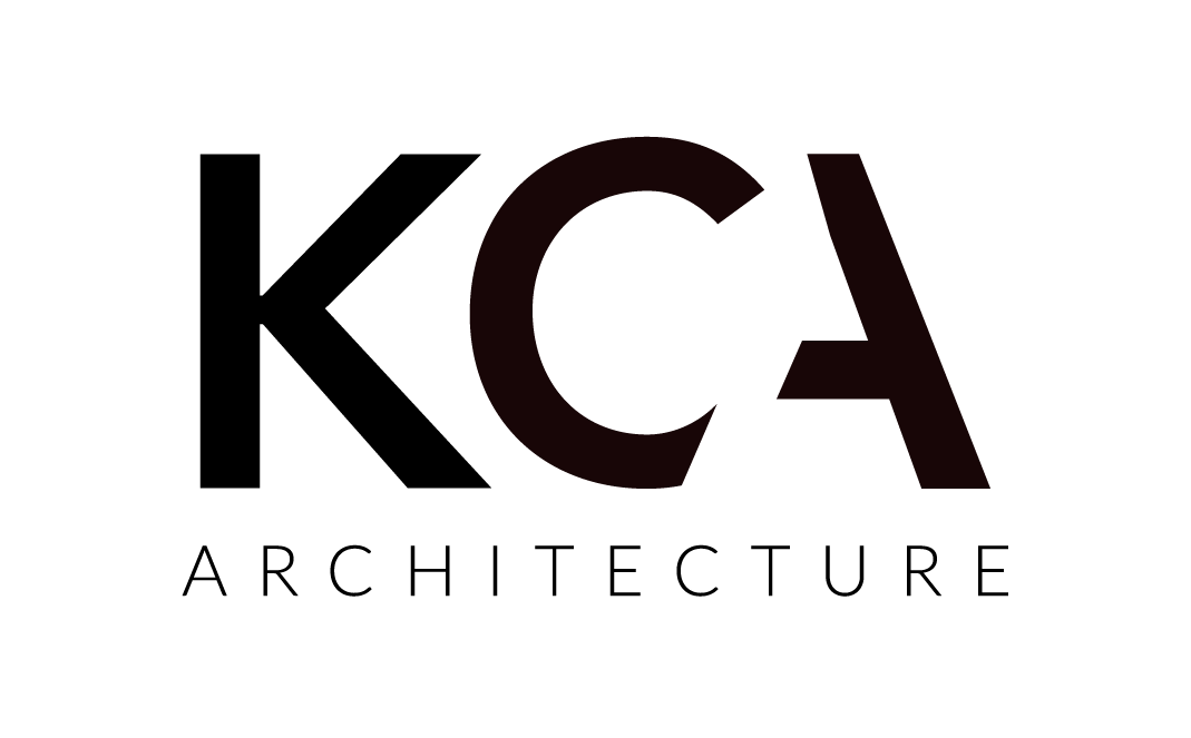 The logo for kca architecture is black and white.