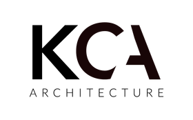 The logo for kca architecture is black and white.