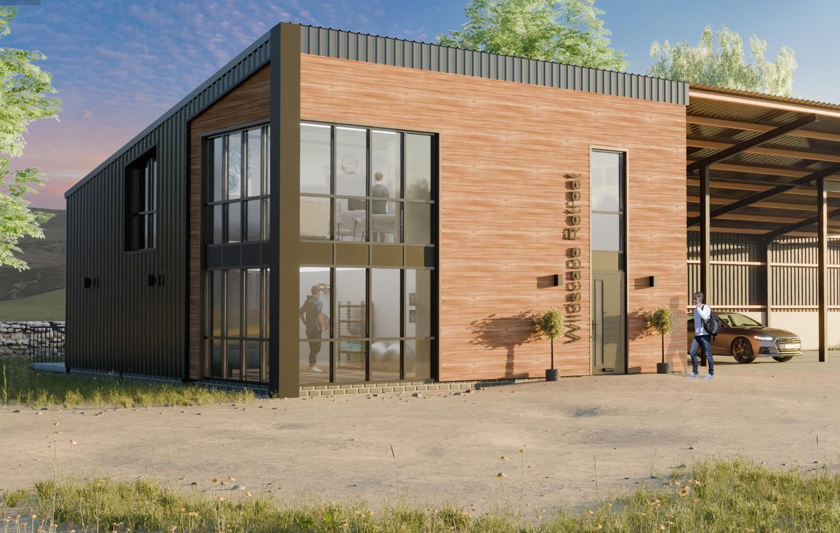 A modern house with a swimming pool in front of it