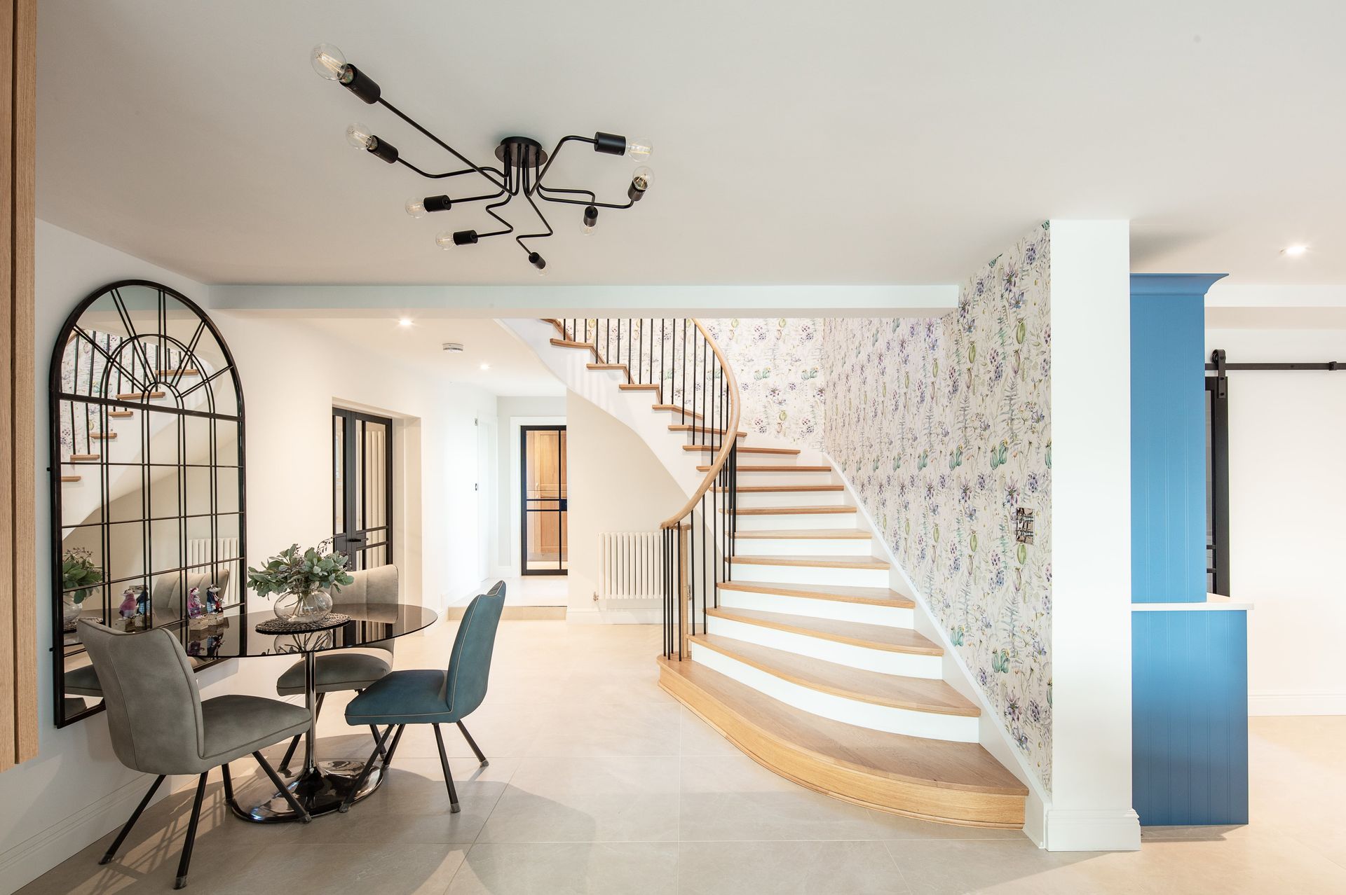 There is a staircase in the middle of the room.