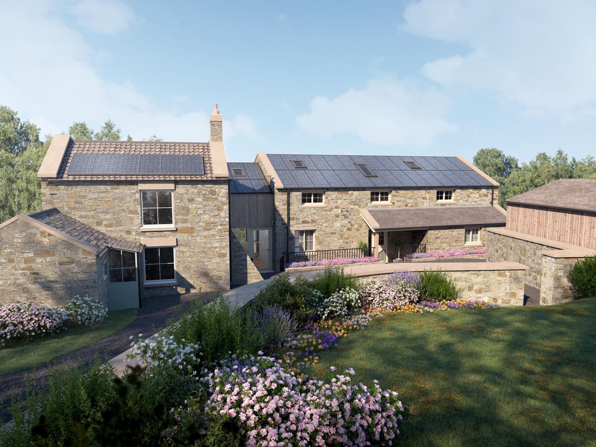 An artist 's impression of a large stone house with a solar panel on the roof.