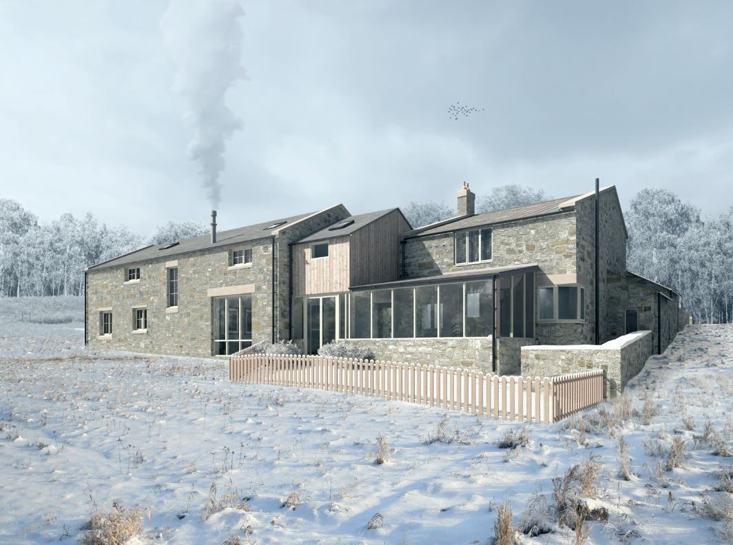 A house is sitting in the middle of a snow covered field.