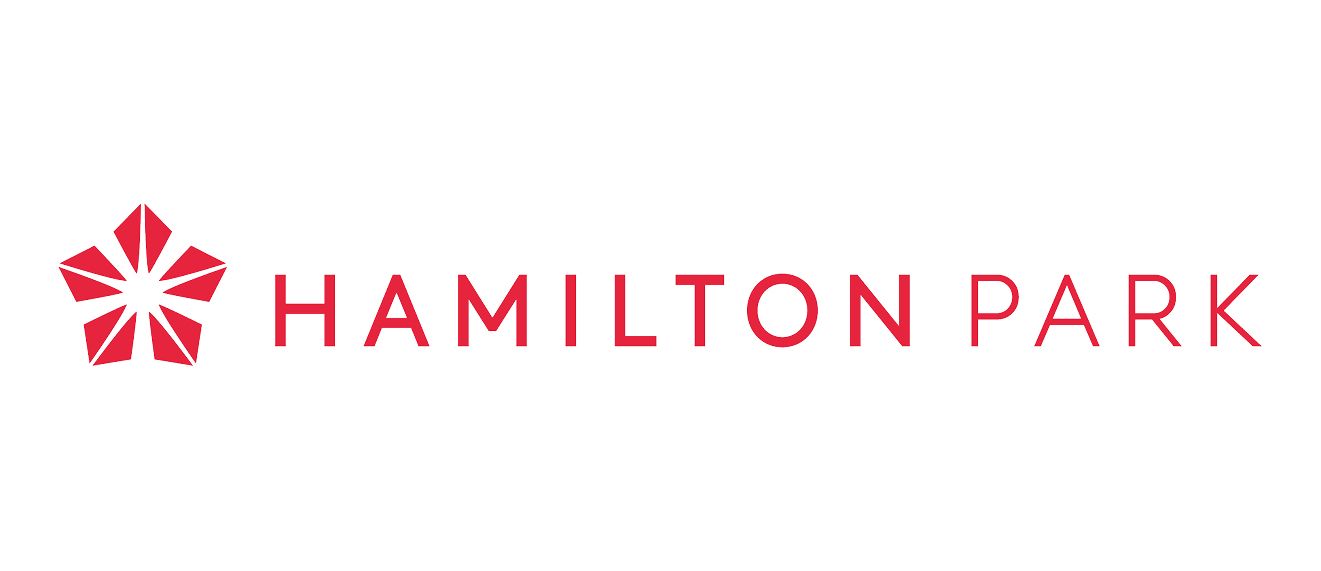 The logo for hamilton park has a red flower on it.