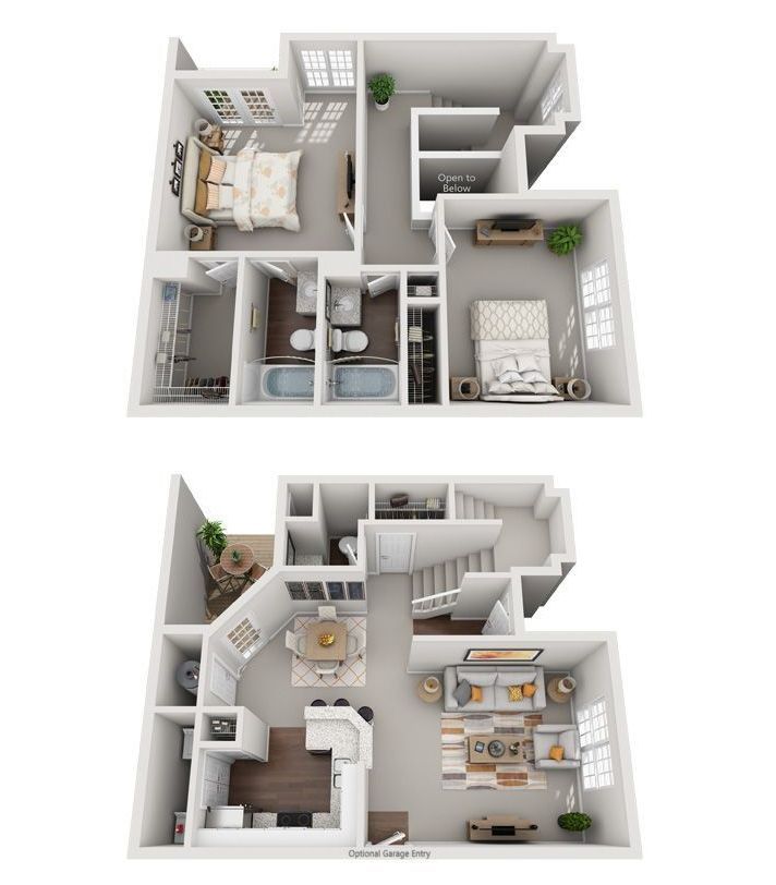 2 Bed 2 Bath Floor Plan with Carpet and Wood Flooring