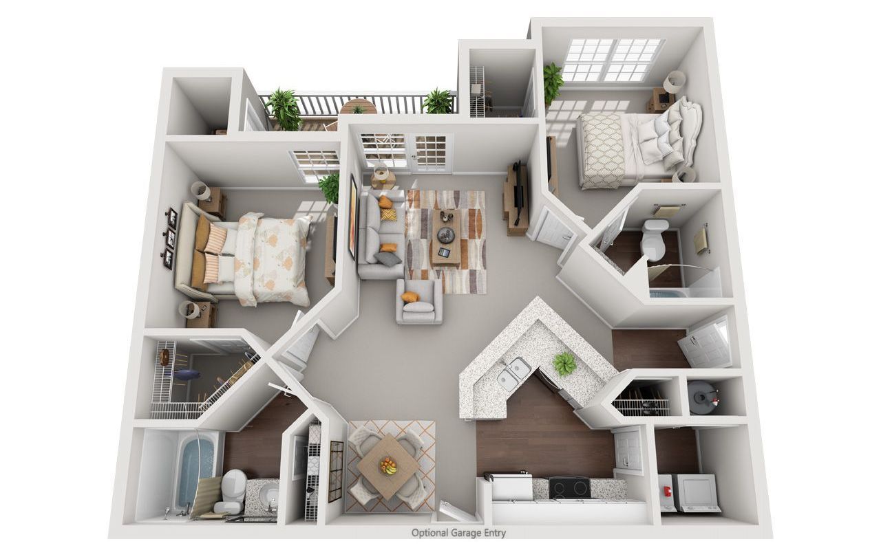 2 Bed 2 Bath Floor Plan with Carpet and Wood Flooring