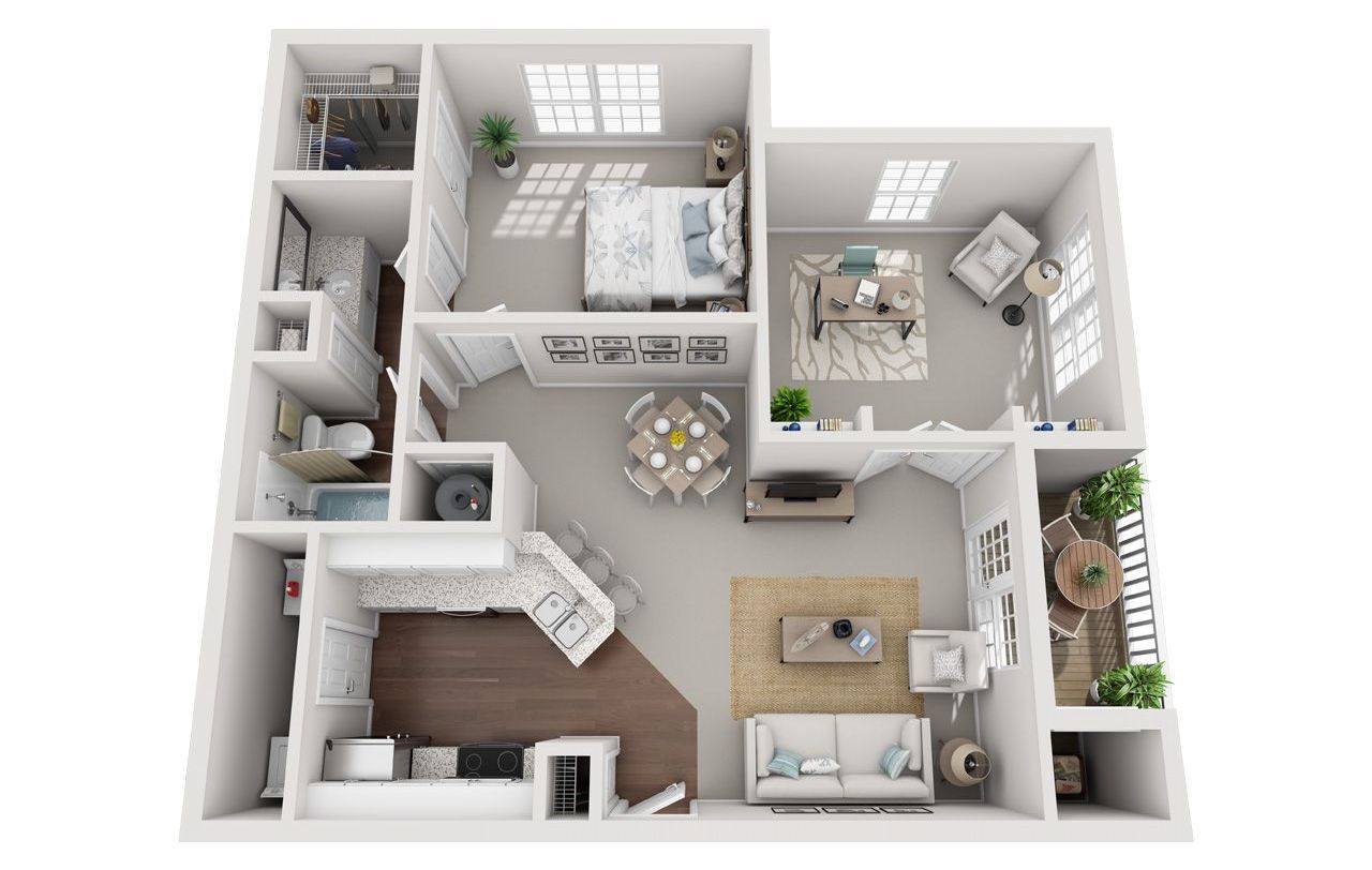 1 Bed Floor Plan with Carpet and Wood Flooring