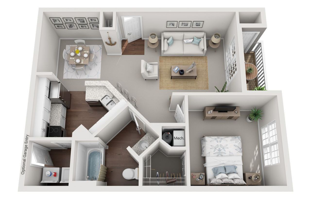 1 Bed Floor Plan with Carpet and Wood Flooring