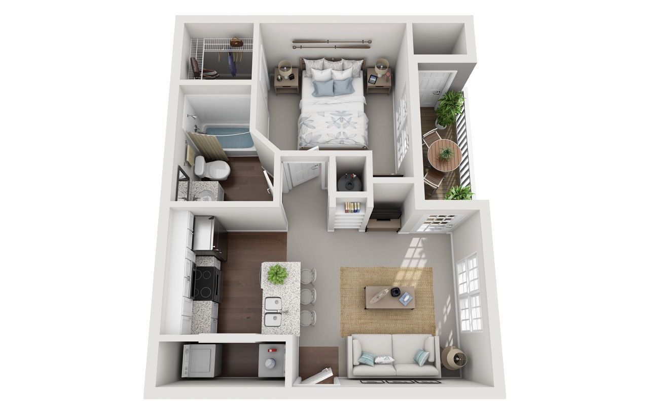 1 Bed Floor Plan with Carpet and Wood Flooring