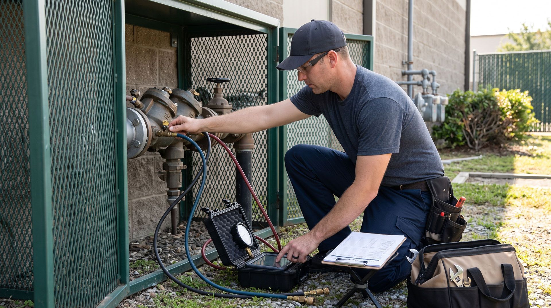 Technician kneeling by utility meters, inspecting equipment with a laptop and tools beside him.