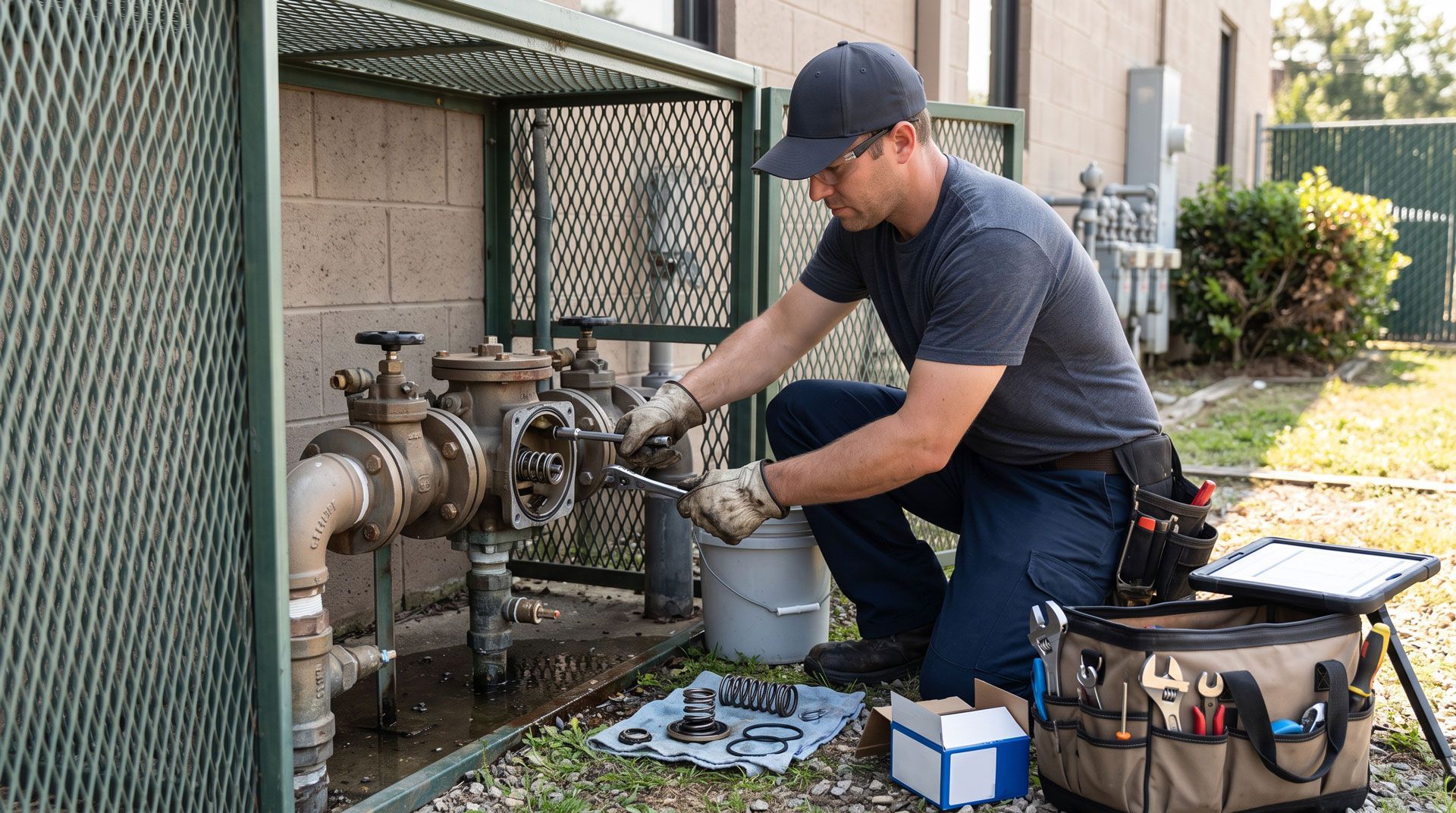 Technician inspecting outdoor gas meters with tools beside a fenced utility area