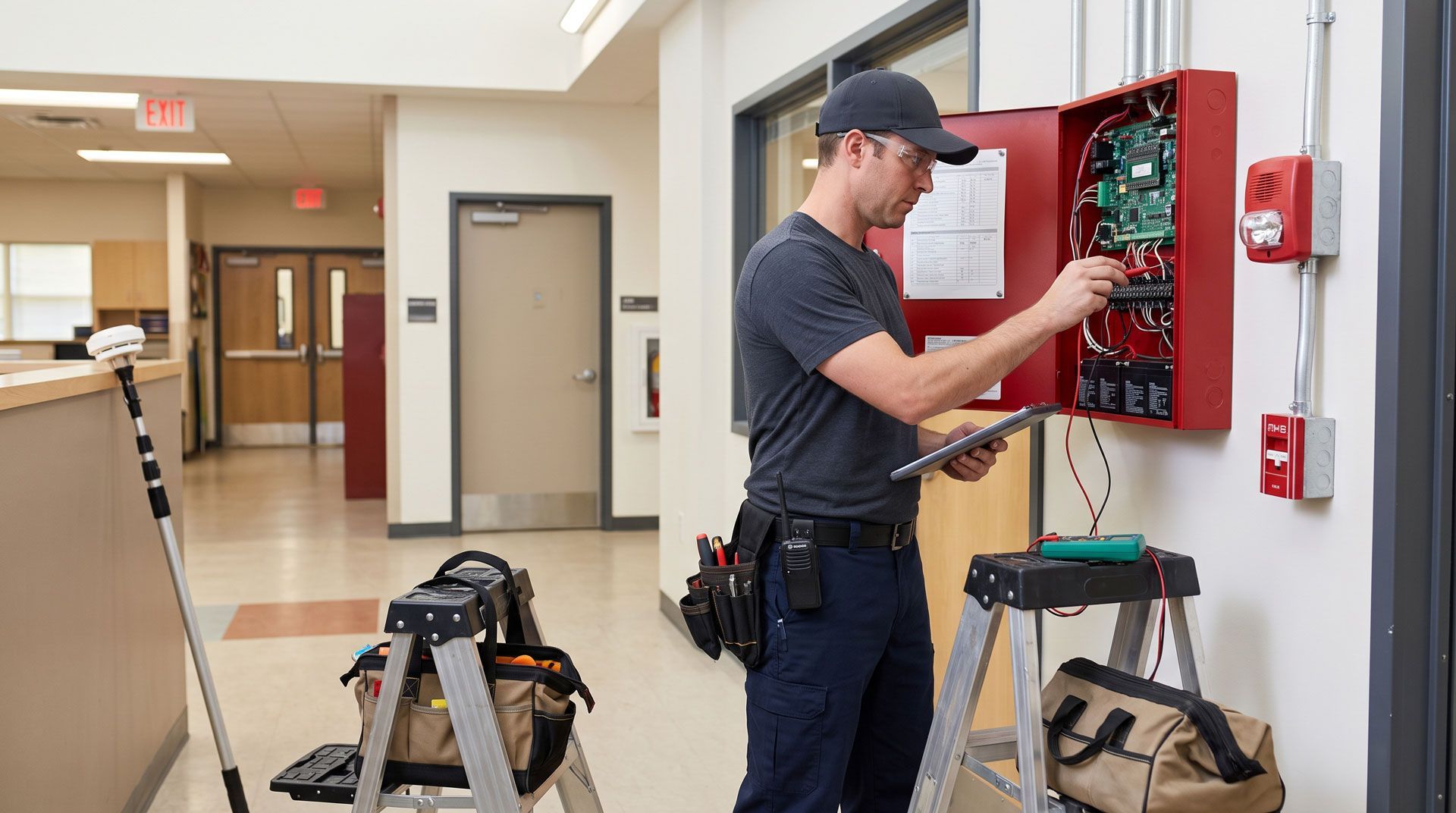 Technician wiring a red fire alarm control panel in a hallway, with tools and a ladder nearby.