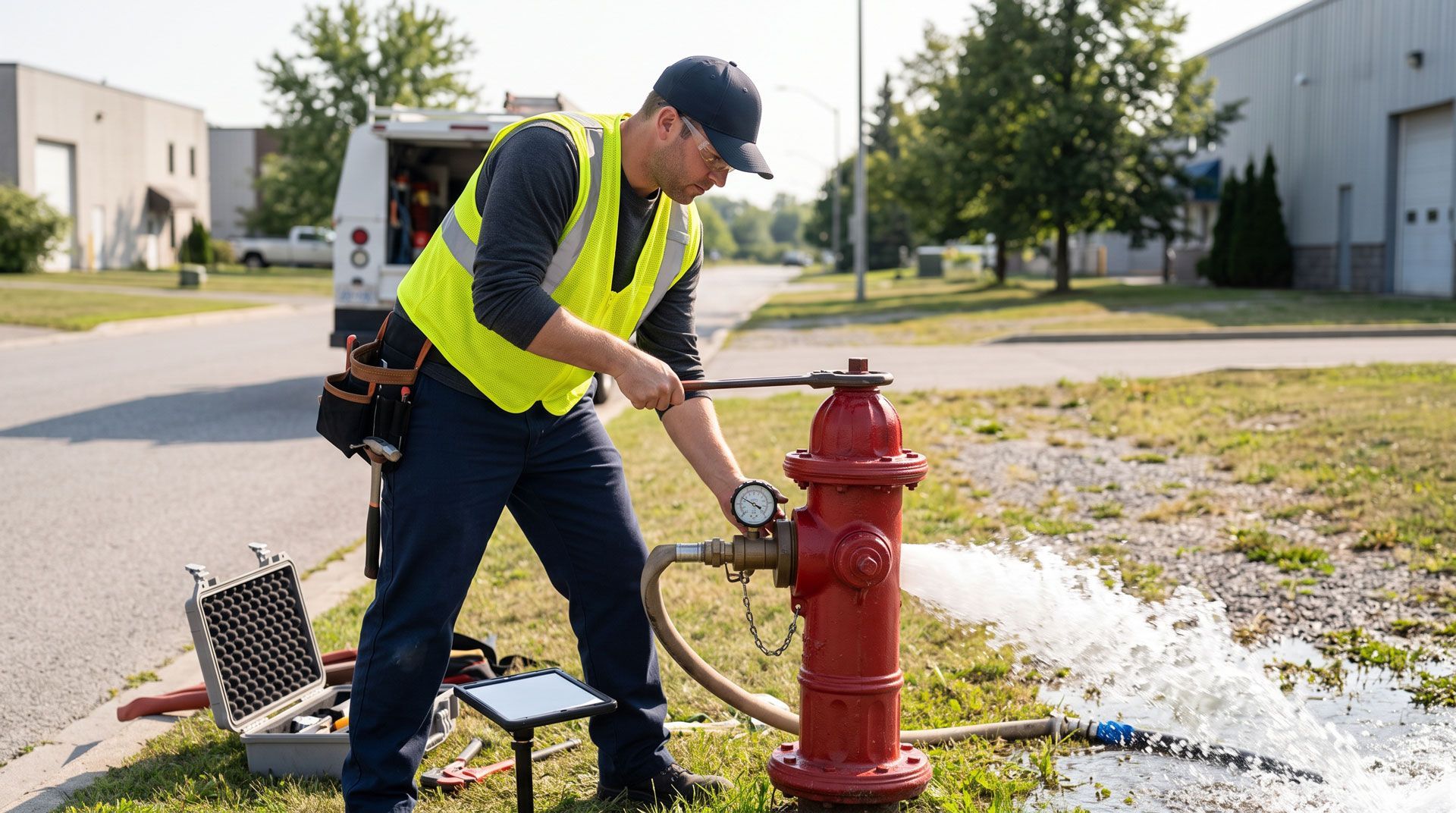 Worker in a neon safety vest opens a red fire hydrant, spraying water on a street.