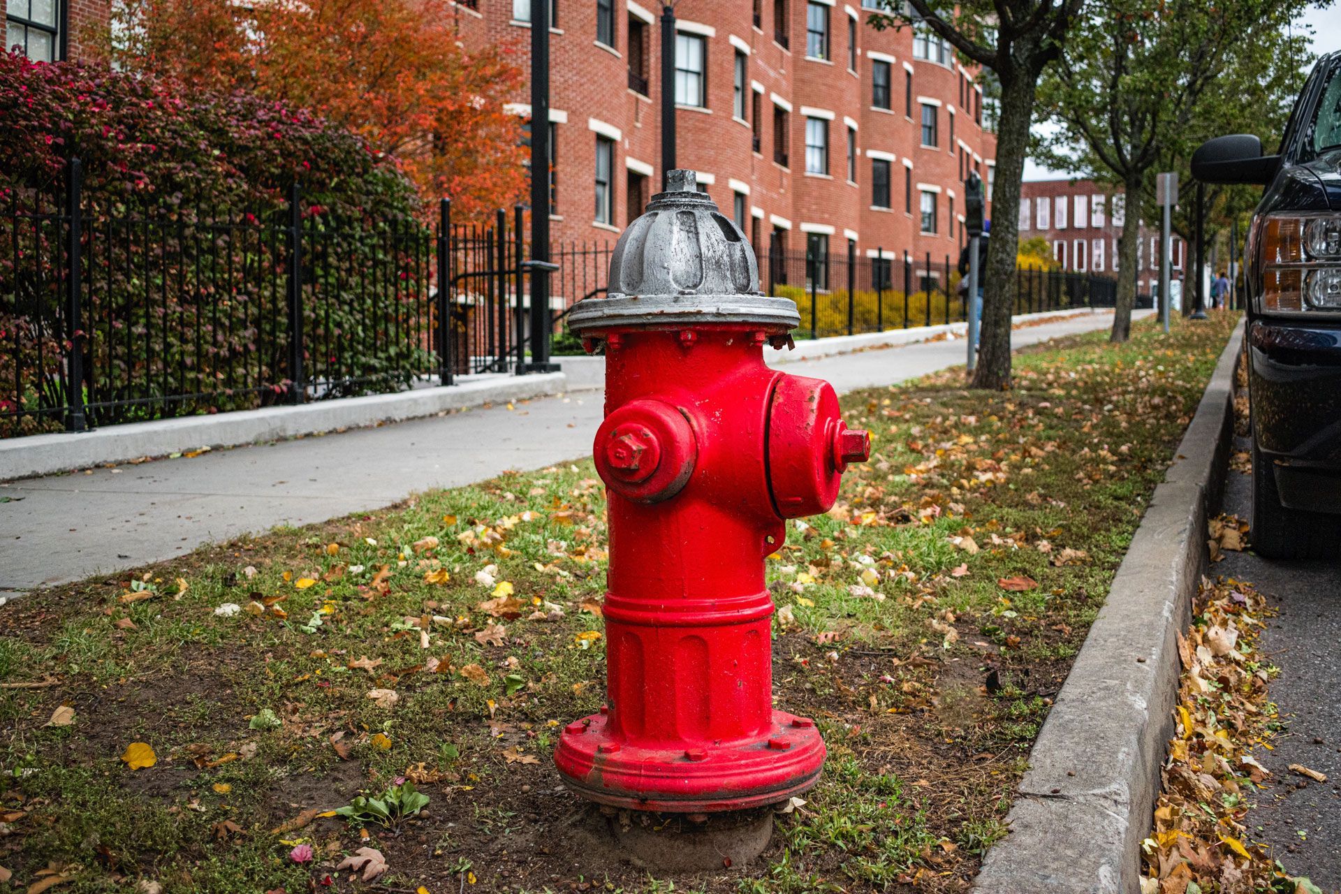 Red fire hydrant on a grassy sidewalk beside brick apartment buildings and fallen leaves.