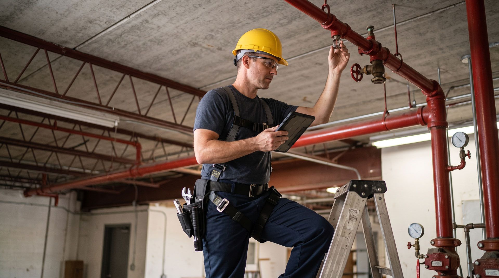 Worker in yellow hard hat inspecting red overhead pipes in an industrial building.