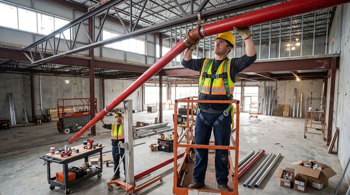 Worker in safety vest installing red overhead piping on a scaffold inside a construction site.