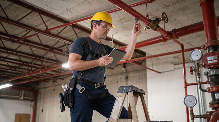 Worker in yellow hard hat inspecting overhead pipes in an industrial building with a clipboard.