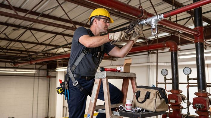 Worker in yellow hard hat adjusting red ceiling pipes in an industrial workshop
