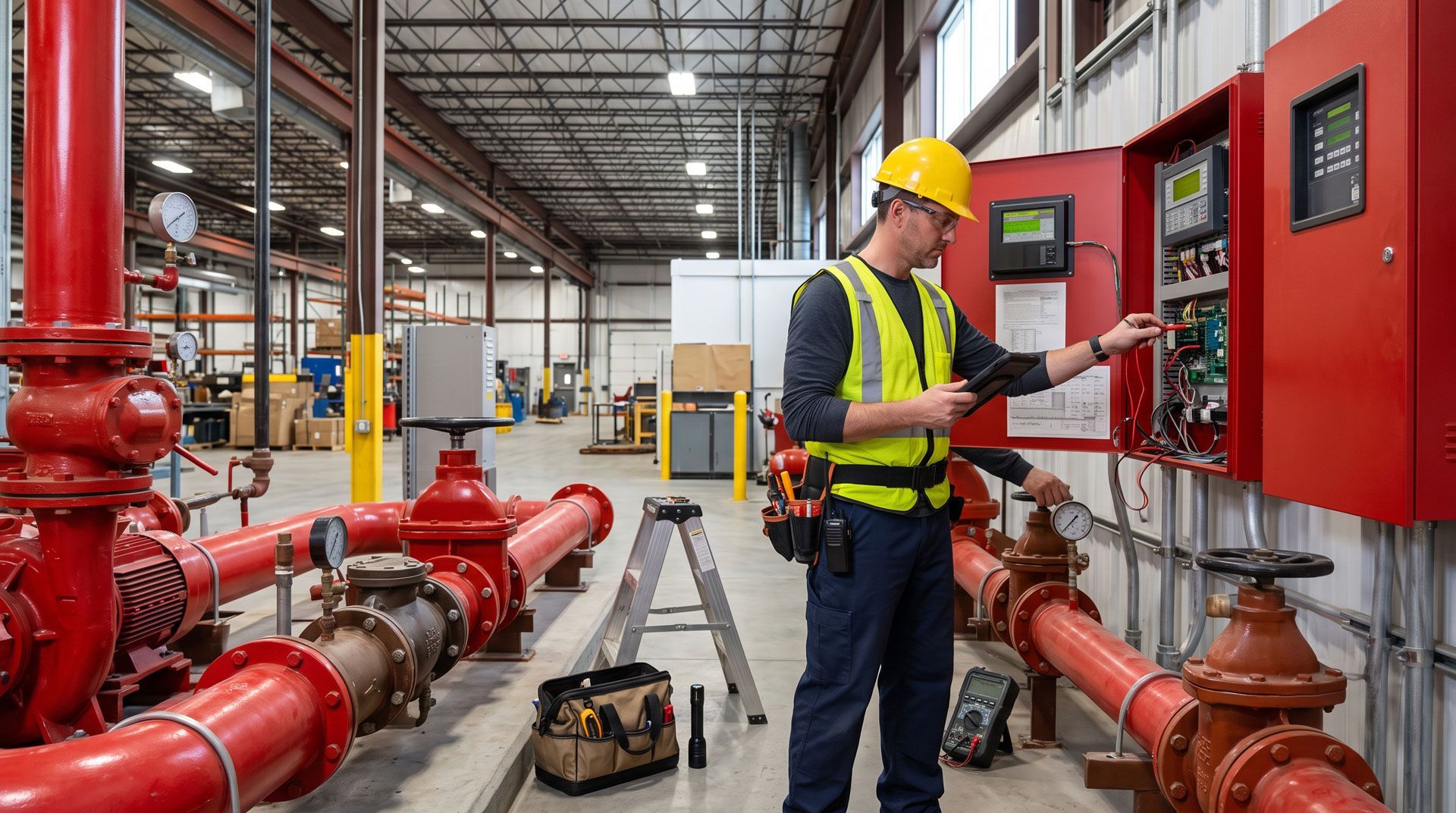 Technician in hard hat inspecting red fire suppression control panels in an industrial facility