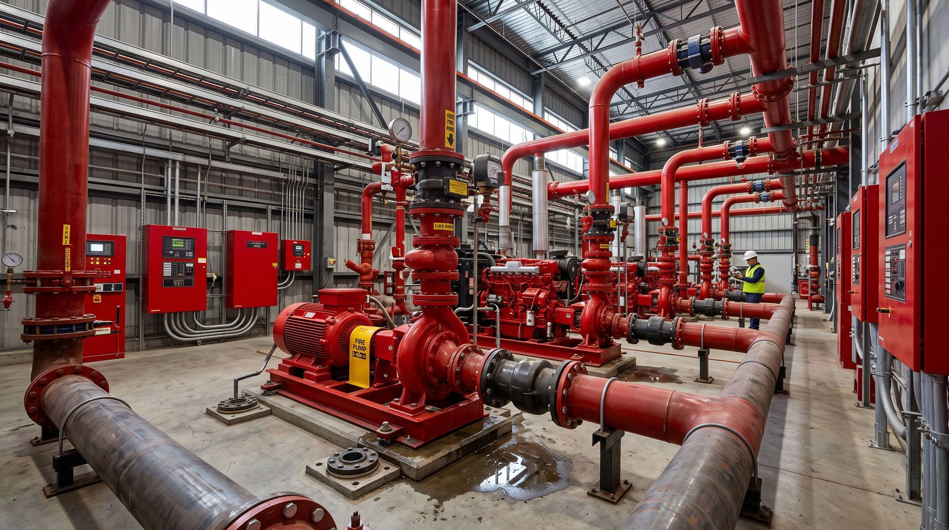 Red industrial fire sprinkler piping and valves in a mechanical room with overhead red pipes.