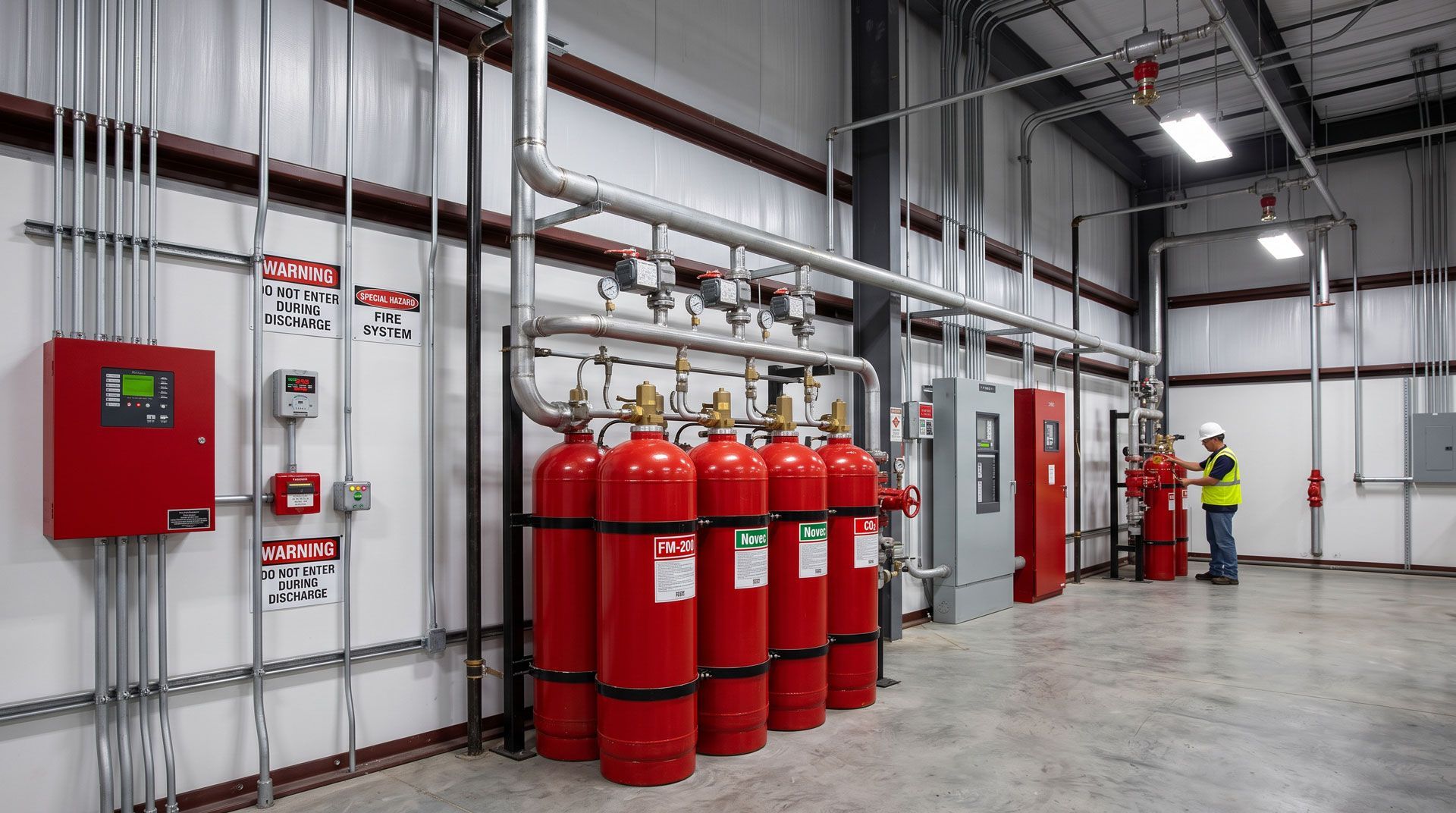 Fire suppression room with red cylinders, wall-mounted controls, and two workers near the back.