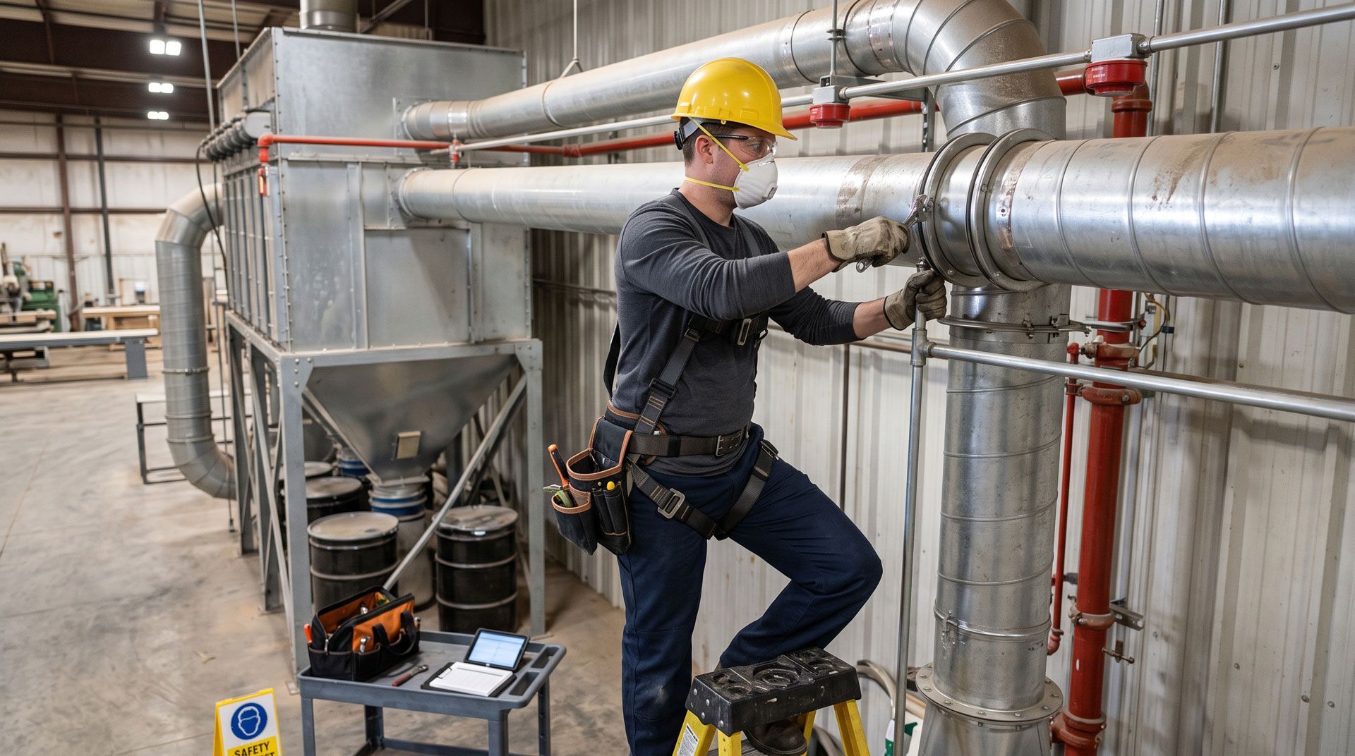 Worker in hard hat inspecting industrial pipes in a factory setting