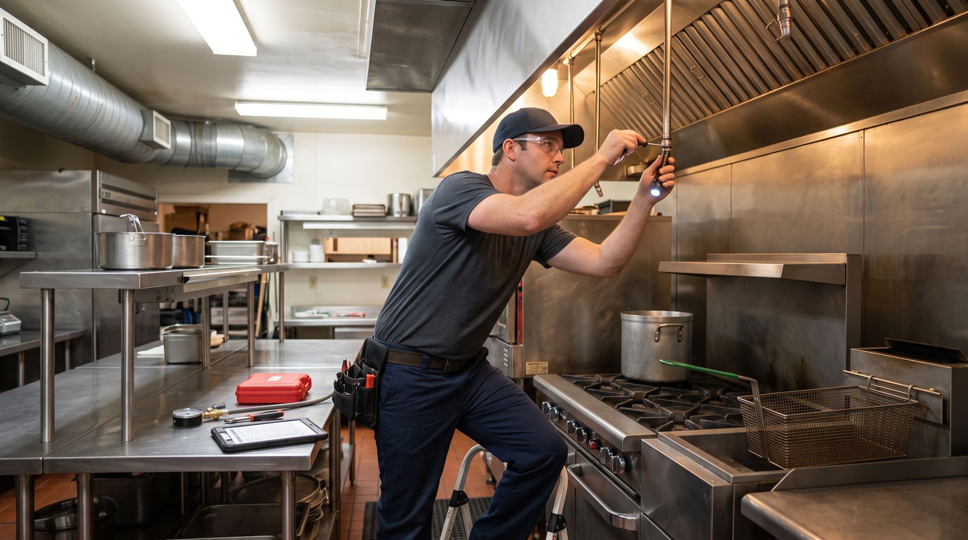 Chef adjusting equipment in a stainless-steel restaurant kitchen