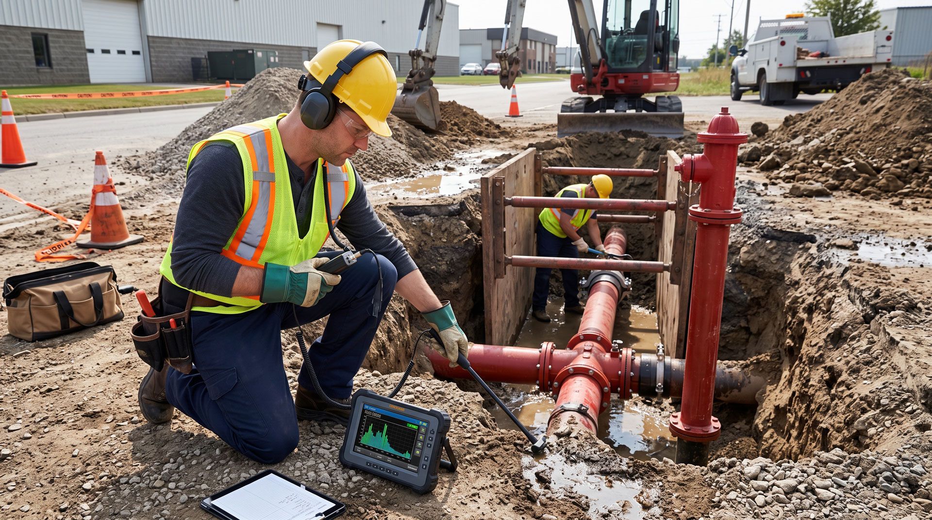 Worker in safety gear checks a red underground pipe trench at a construction site.
