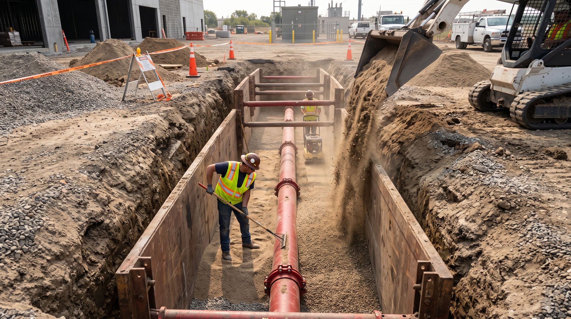 Worker in a trench beside a red pipeline at a construction site, with excavators and barriers nearby