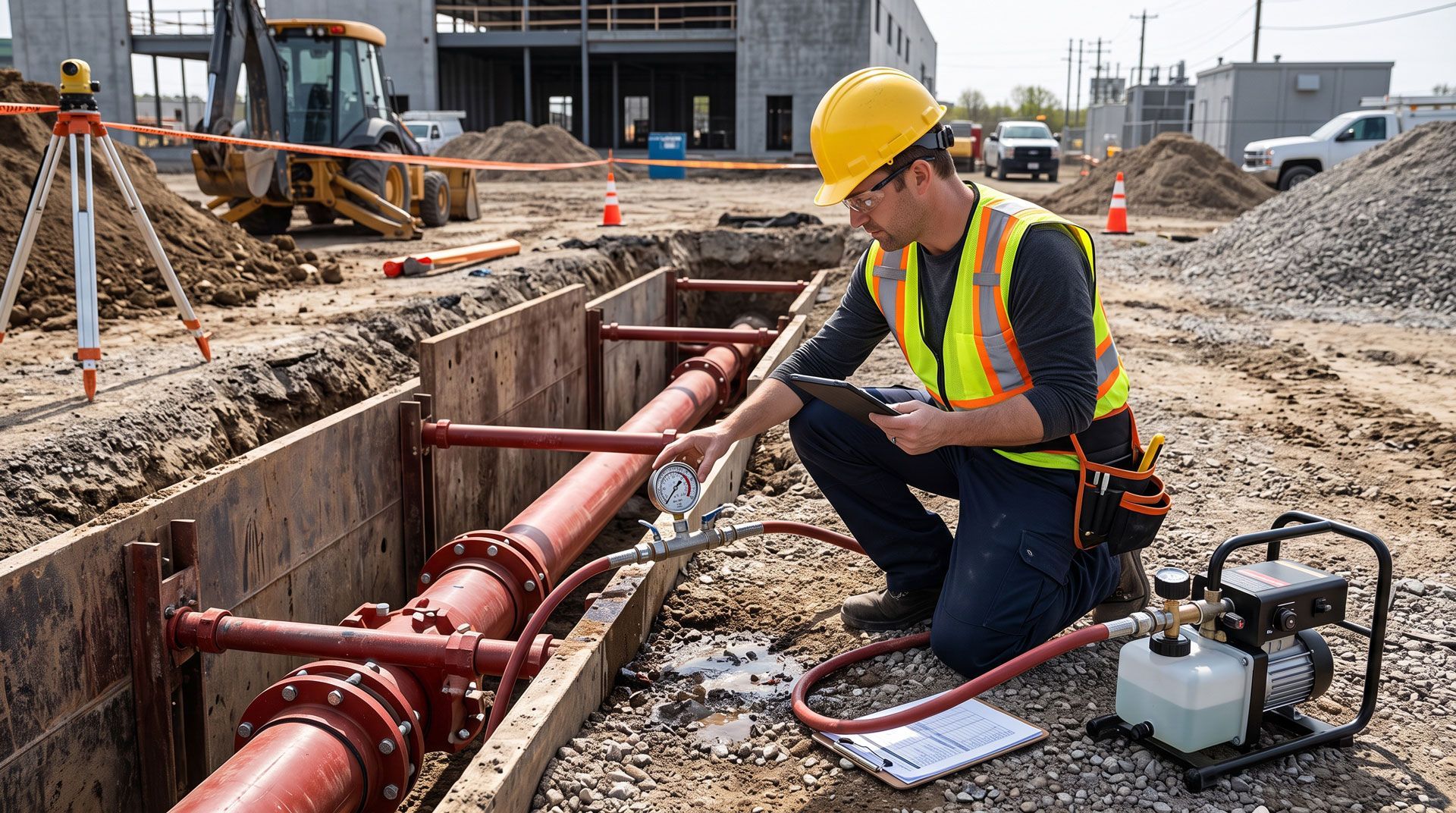 Construction worker in yellow hard hat inspecting underground pipes at a trench worksite.