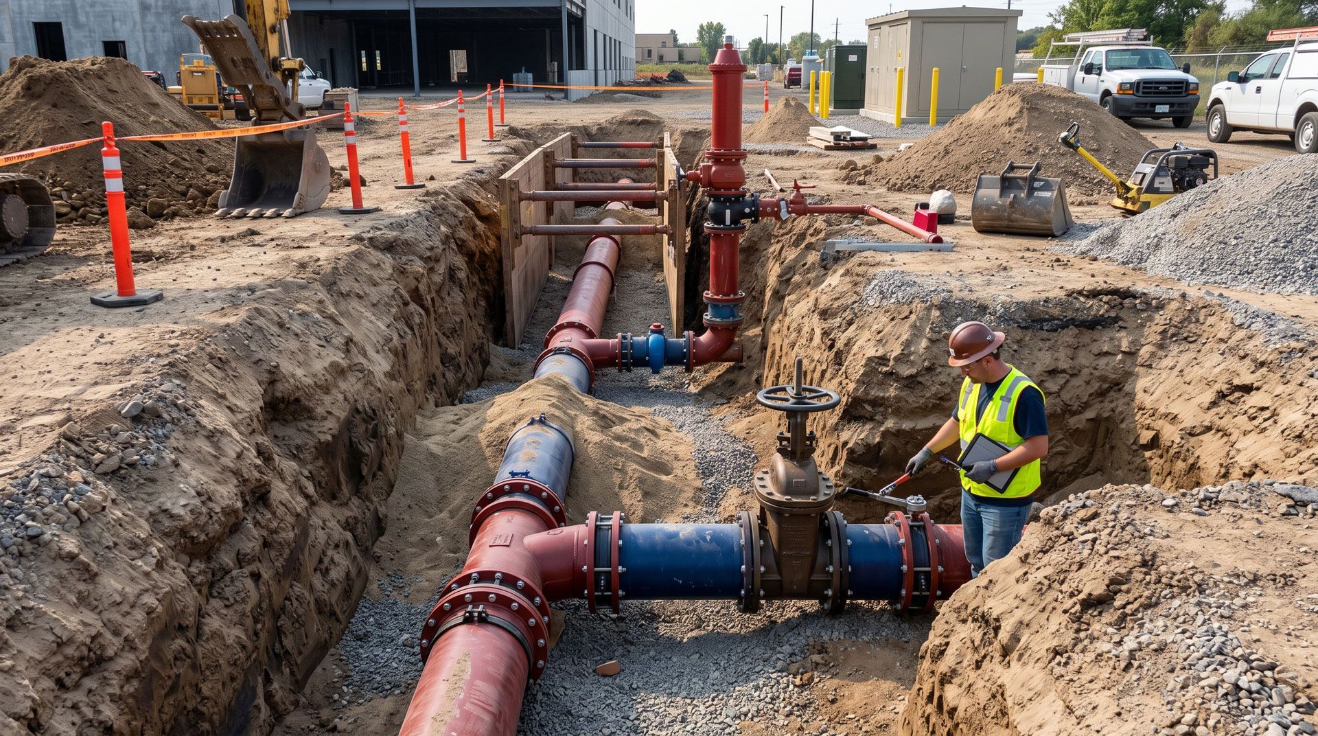 Worker in a trench installing large underground pipes at a road construction site