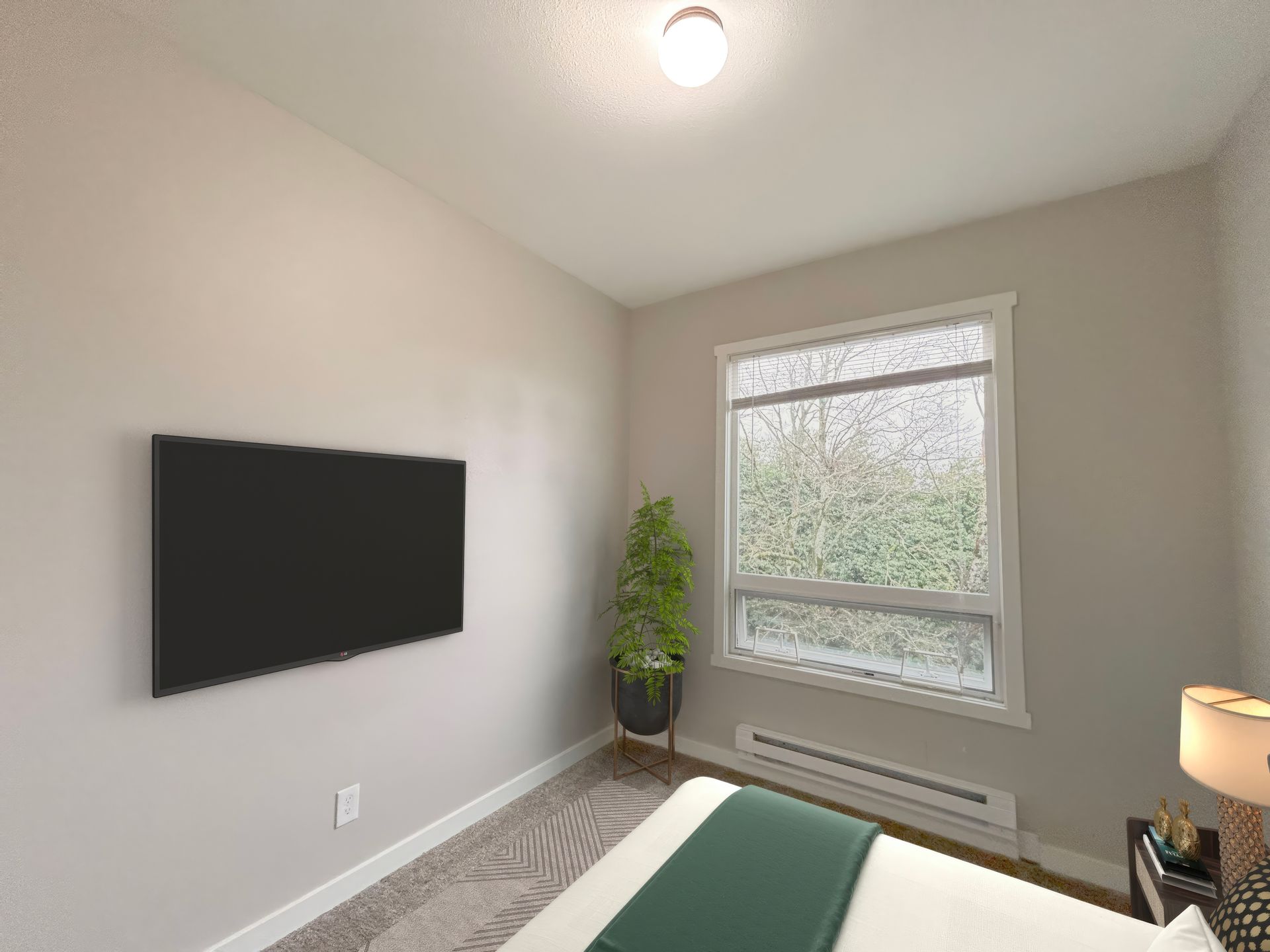 A bedroom with a bed , television , and window.